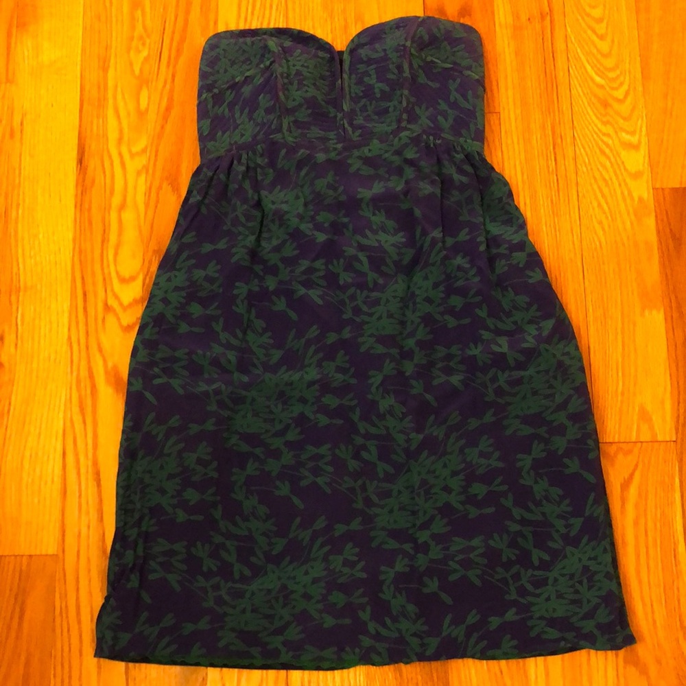 Maple Women’s Silk Strapless Blue Leaf Print Dress Size 6 EUC